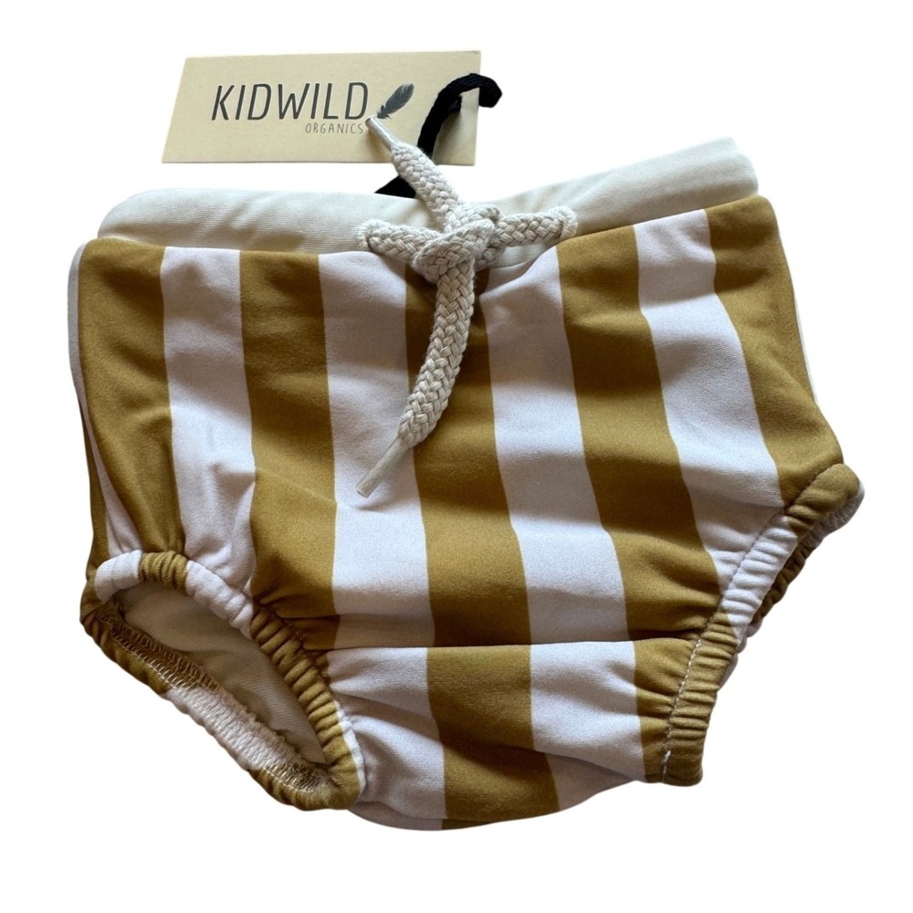 Kidwild Organics Baby Swim Trunks Unisex 0–6M Mustard White Stripes NWT